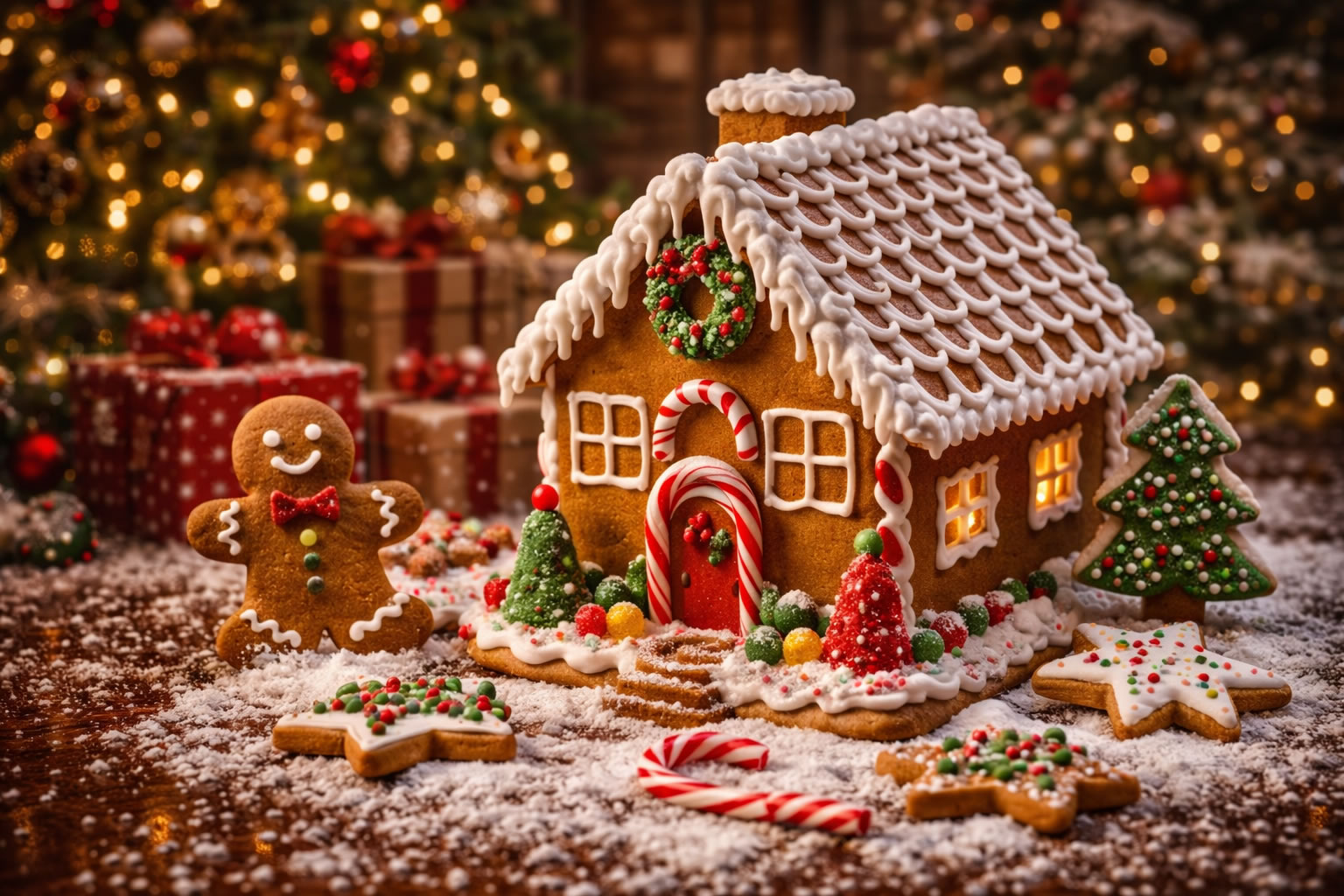 Holiday gingerbread scene with cookies