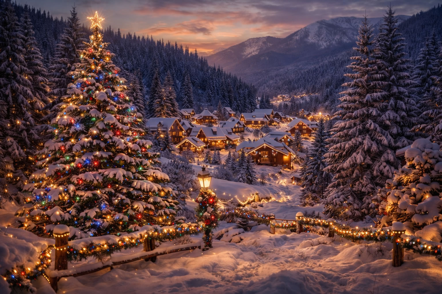 Snowy village at dusk with lights